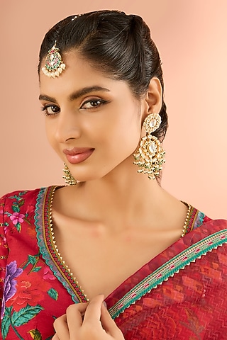 Gold Plated Jadau Kundan Polki & Natural Gemstone Dangler Earrings With Maangtikka by Shlok Jewels