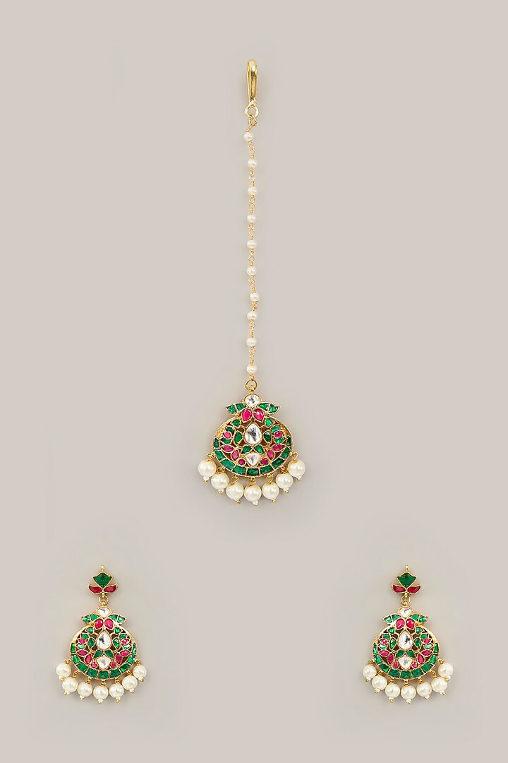 Gold Plated Jadau Kundan Polki & Natural Gemstone Dangler Earrings With Maangtikka by Shlok Jewels at Pernia's Pop Up Shop