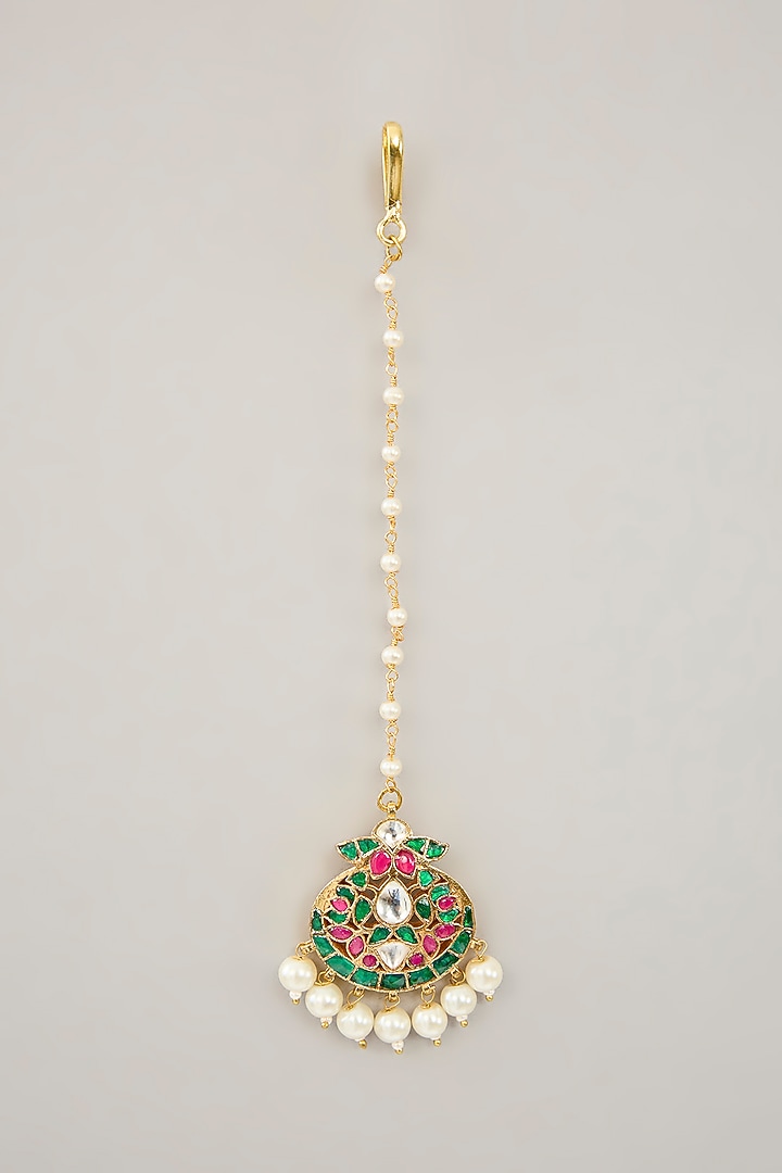 Gold Plated Jadau Kundan Polki & Natural Gemstone Dangler Earrings With Maangtikka by Shlok Jewels at Pernia's Pop Up Shop
