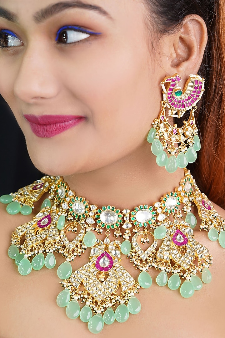 Gold Plated Kundan & Natural Stones Necklace Set by Shlok Jewels at Pernia's Pop Up Shop
