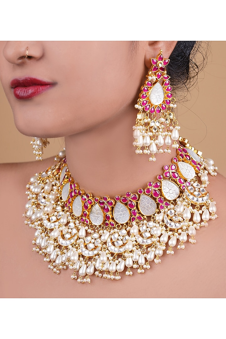 Gold Plated Necklace Set With Kundan Polki & Natural Stones by Shlok Jewels at Pernia's Pop Up Shop