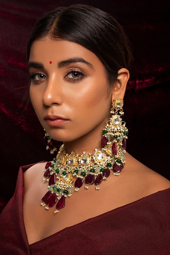 Gold Plated Natural Stones Necklace Set by Shlok Jewels at Pernia's Pop Up Shop
