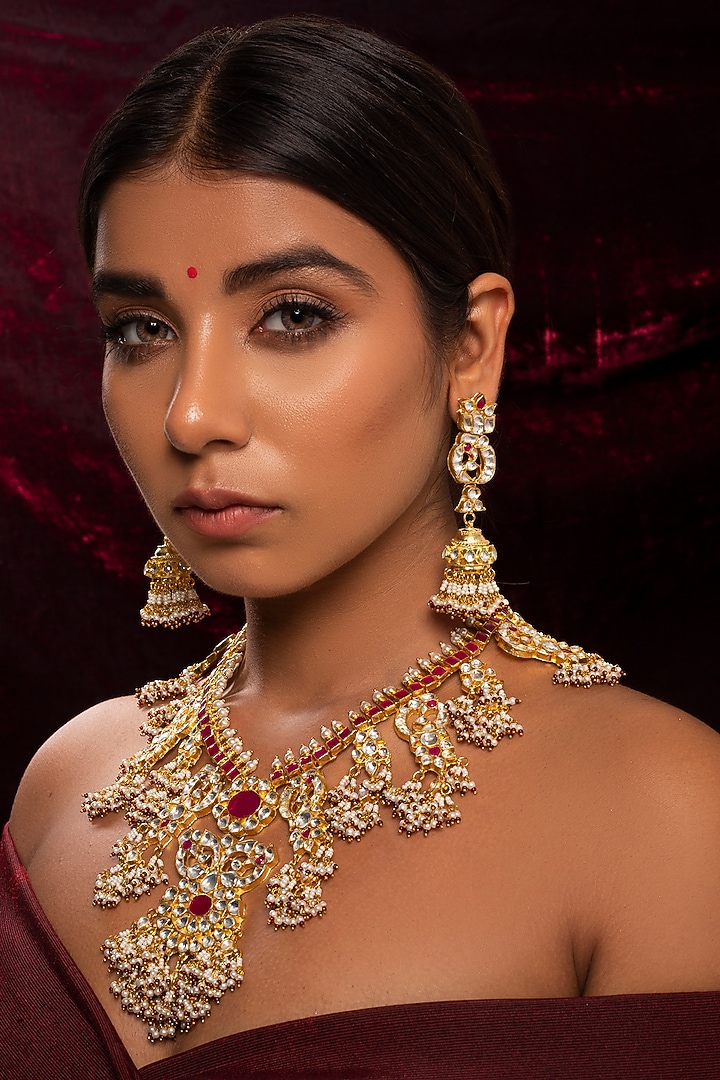 Gold Plated Natural & Semi Precious Stones Necklace Set by Shlok Jewels at Pernia's Pop Up Shop