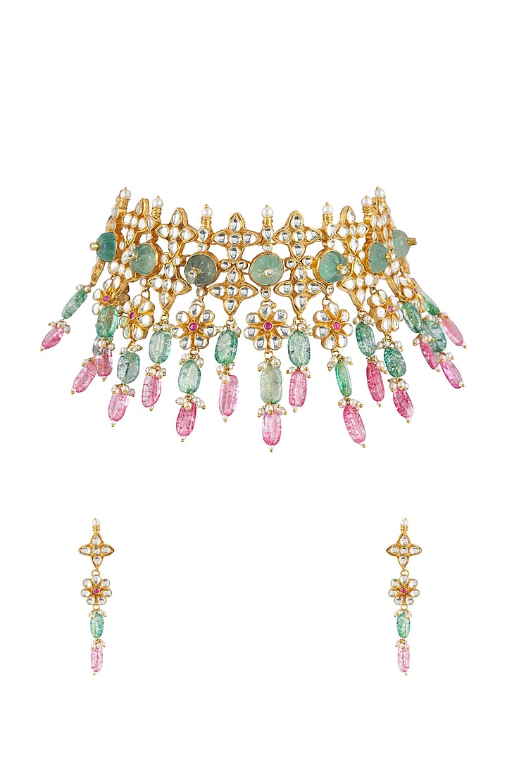 Gold Plated Kundan Stones Necklace Set by Shlok Jewels at Pernia's Pop Up Shop