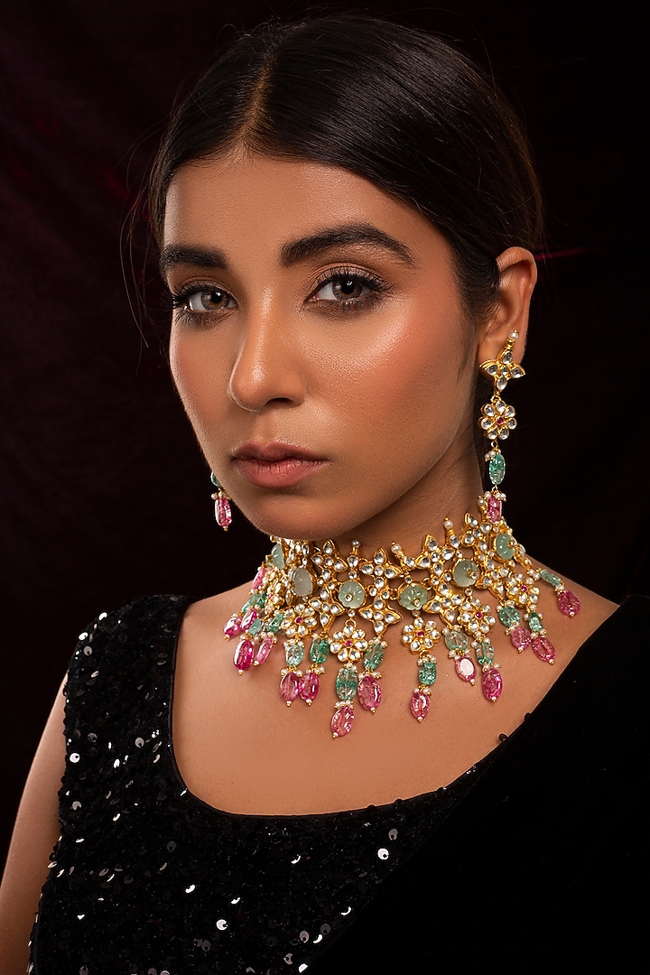 Gold Plated Kundan Stones Necklace Set by Shlok Jewels at Pernia's Pop Up Shop