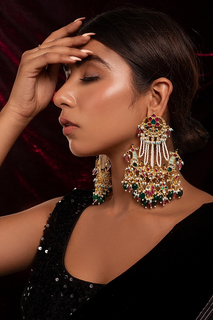 Gold Plated Earrings With Natural Gemstones by Shlok Jewels at Pernia's Pop Up Shop