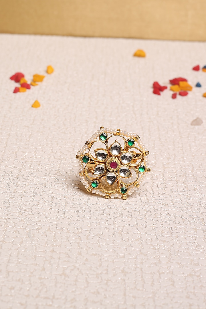 Gold Plated Natural Gemstones Ring by Shlok Jewels