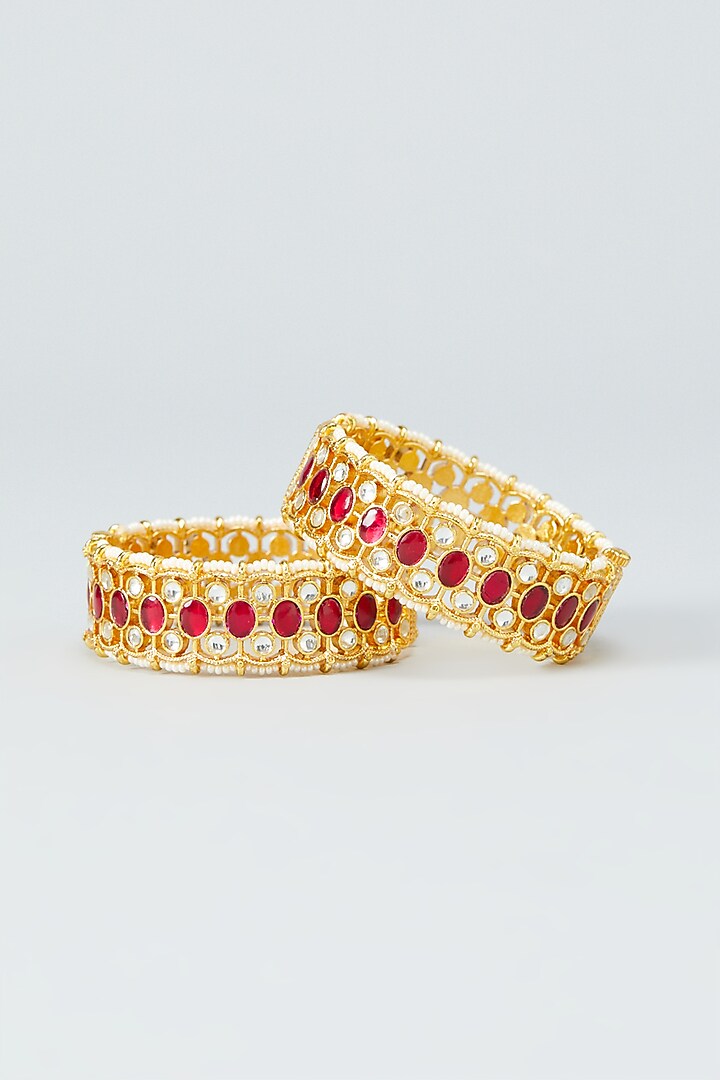 Gold Plated Kundan Stones Pink Bangles (Set of 2) by Shlok Jewels at Pernia's Pop Up Shop