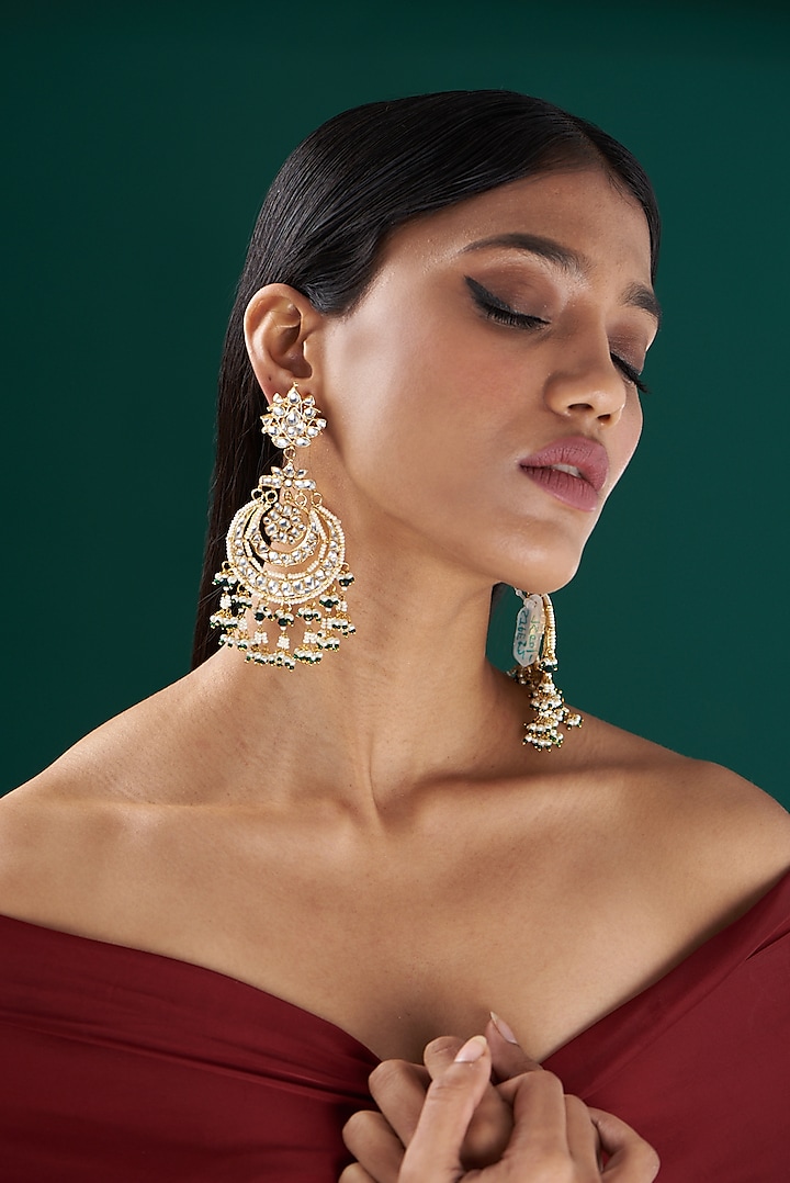 Gold Plated Kundan Dangler Earrings by Shlok Jewels
