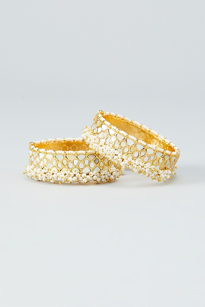 Gold Plated Kundan & Pearl Bangles (Set of 2) by Shlok Jewels at Pernia's Pop Up Shop