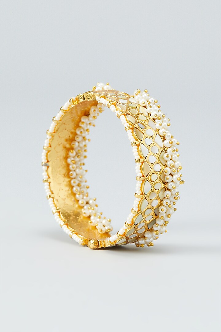 Gold Plated Kundan & Pearl Bangles (Set of 2) by Shlok Jewels at Pernia's Pop Up Shop