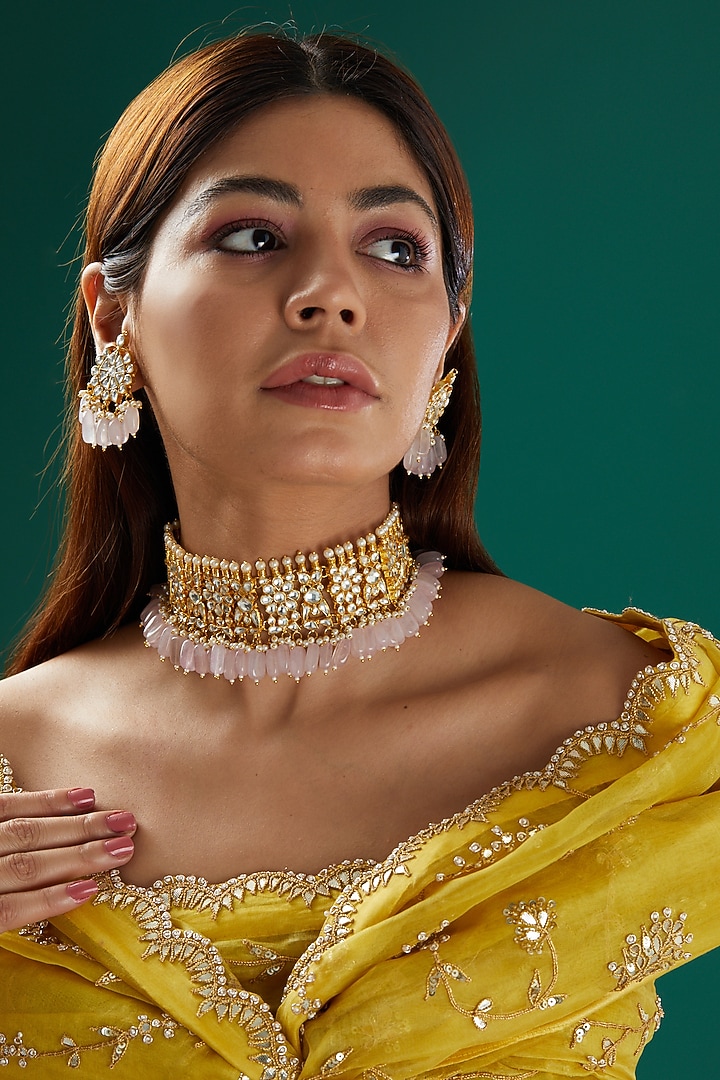 Gold Plated Choker Necklace Set With Kundan Stones by Shlok Jewels at Pernia's Pop Up Shop