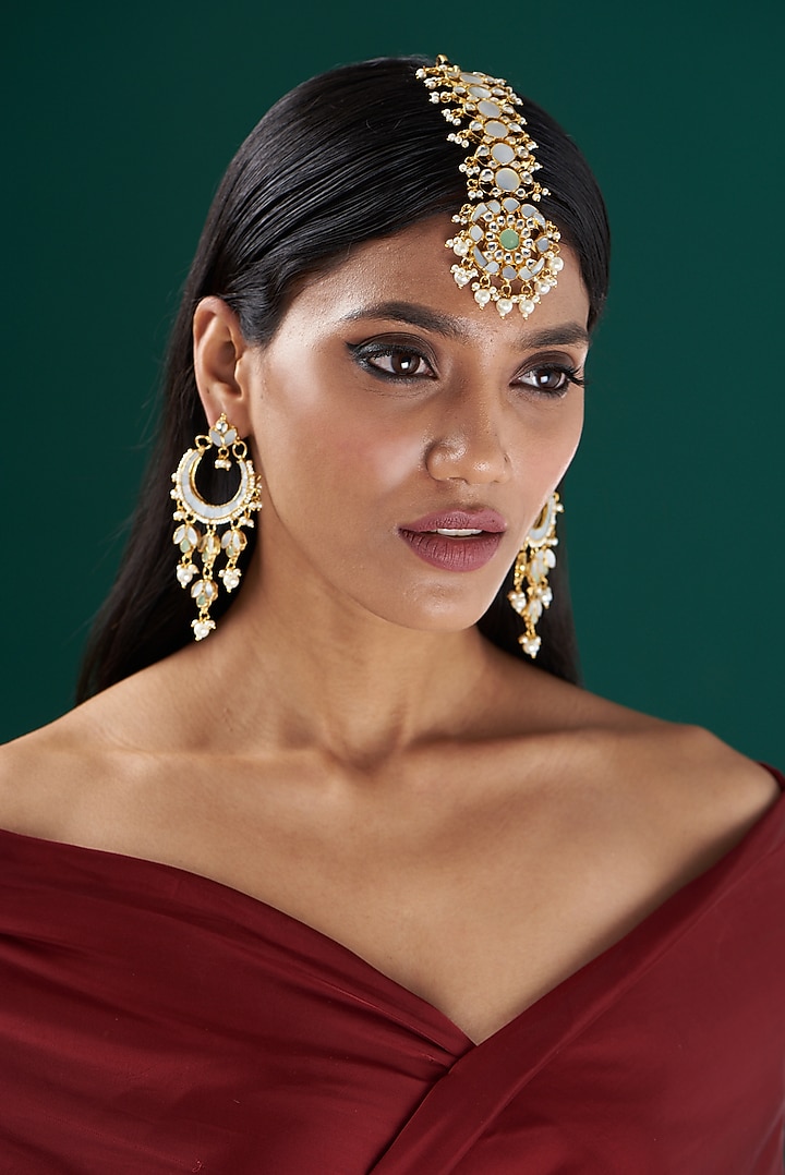 Gold Plated Dangler Earrings With Maang Tikka by Shlok Jewels at Pernia's Pop Up Shop