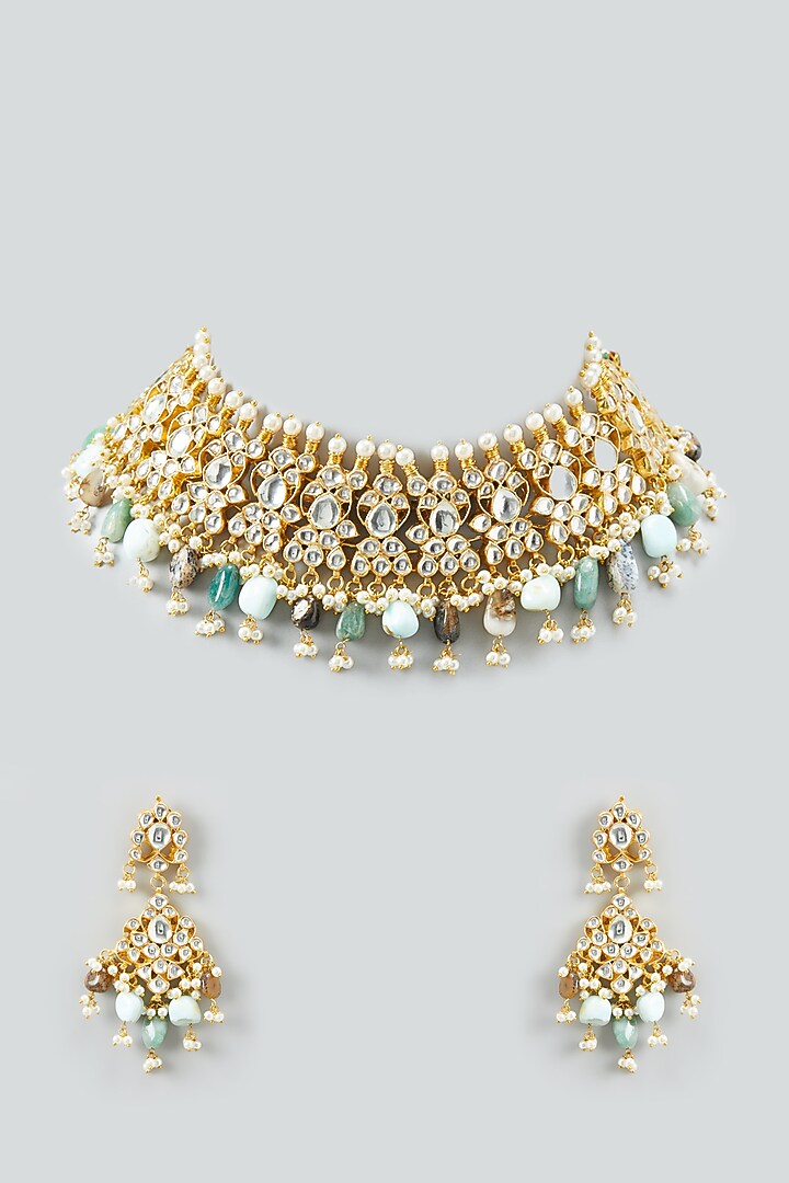 Gold Plated Semi-Precious Stones Choker Necklace Set by Shlok Jewels at Pernia's Pop Up Shop