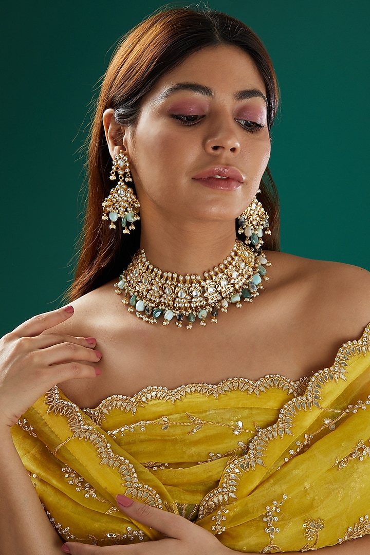 Gold Plated Semi-Precious Stones Choker Necklace Set by Shlok Jewels at Pernia's Pop Up Shop