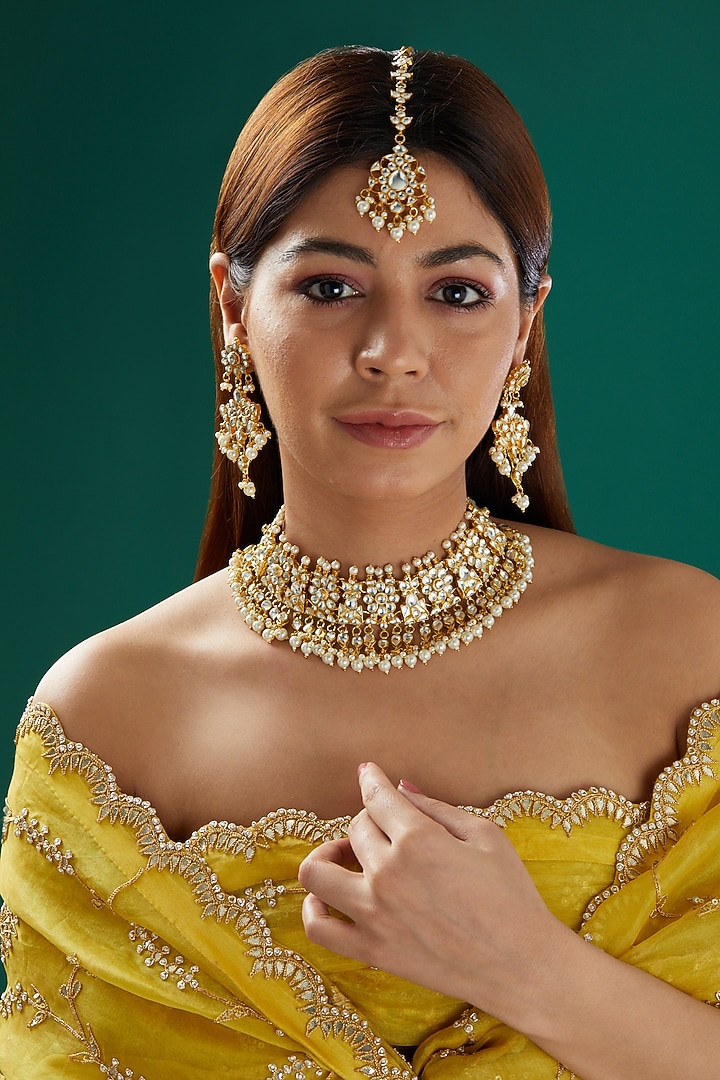 Gold Plated Choker Necklace Set With Kundan Stones by Shlok Jewels at Pernia's Pop Up Shop