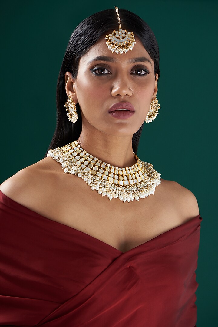 Gold Plated Kundan & Pearls Necklace Set by Shlok Jewels at Pernia's Pop Up Shop