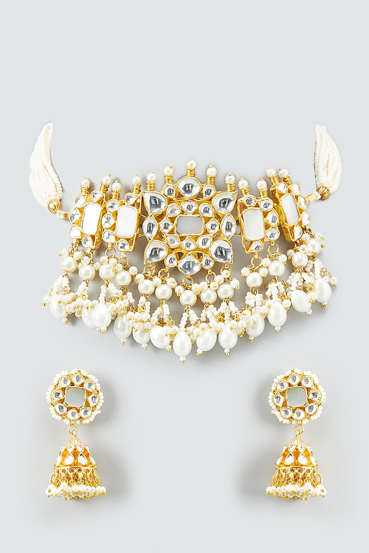 Gold Plated Choker Necklace Set With Kundan Stones by Shlok Jewels at Pernia's Pop Up Shop