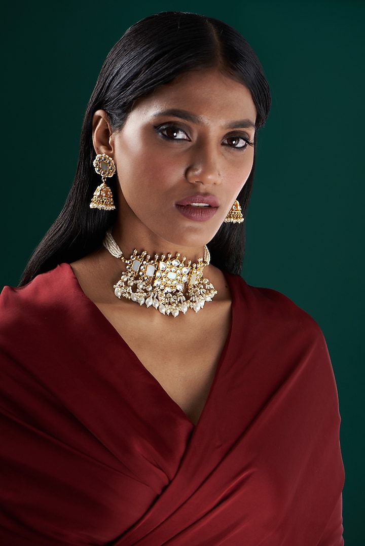 Gold Plated Choker Necklace Set With Kundan Stones by Shlok Jewels at Pernia's Pop Up Shop