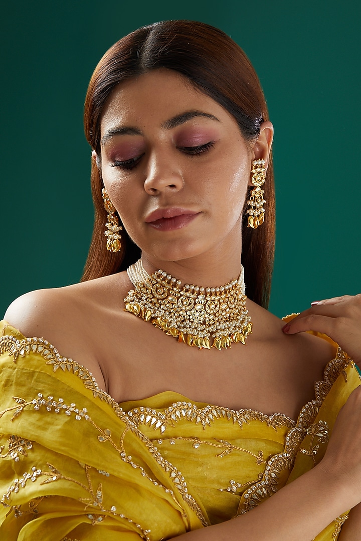 Gold Plated Kundan Choker Necklace Set by Shlok Jewels at Pernia's Pop Up Shop