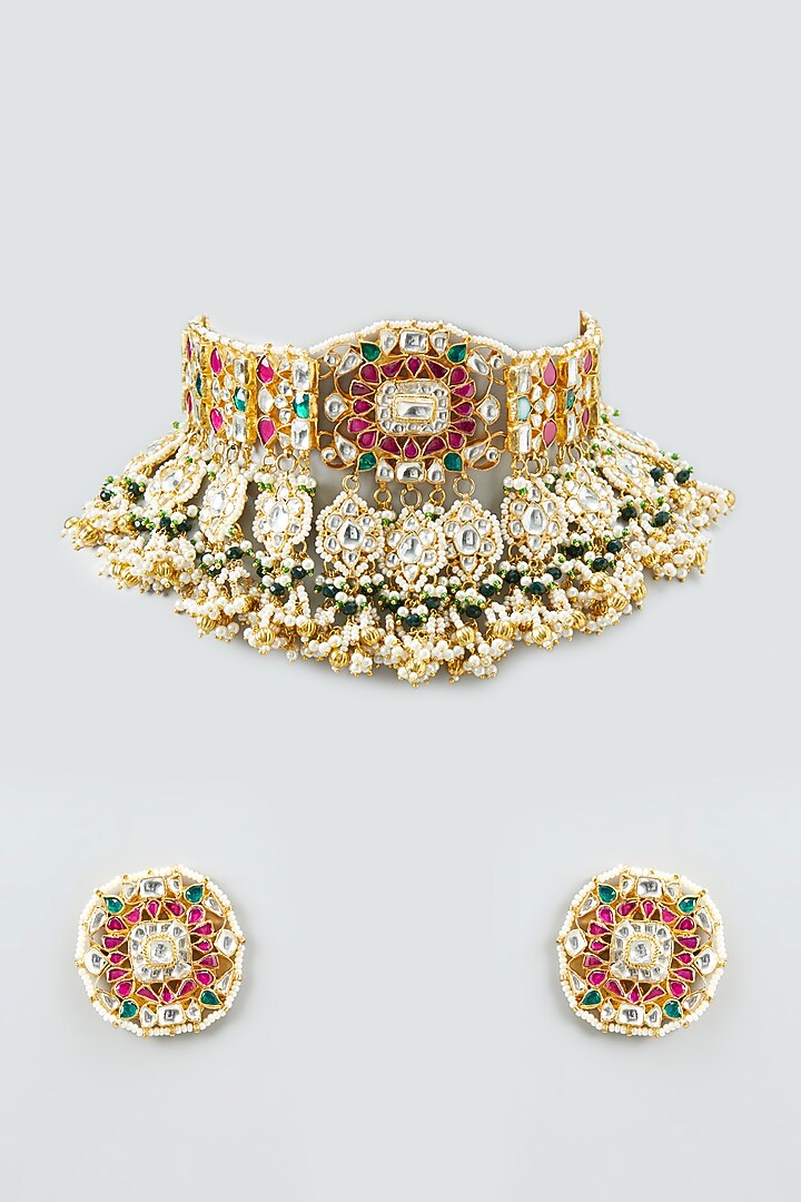 Gold Plated Semi-Precious Stones Choker Necklace Set by Shlok Jewels at Pernia's Pop Up Shop