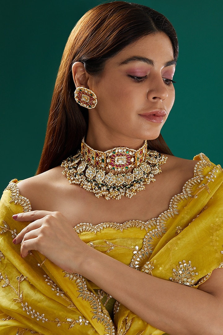 Gold Plated Semi-Precious Stones Choker Necklace Set by Shlok Jewels at Pernia's Pop Up Shop