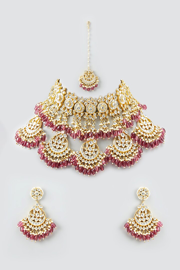 Gold Plated Semi-Precious Stones Choker Necklace Set by Shlok Jewels at Pernia's Pop Up Shop