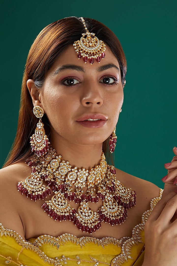 Gold Plated Semi-Precious Stones Choker Necklace Set by Shlok Jewels at Pernia's Pop Up Shop