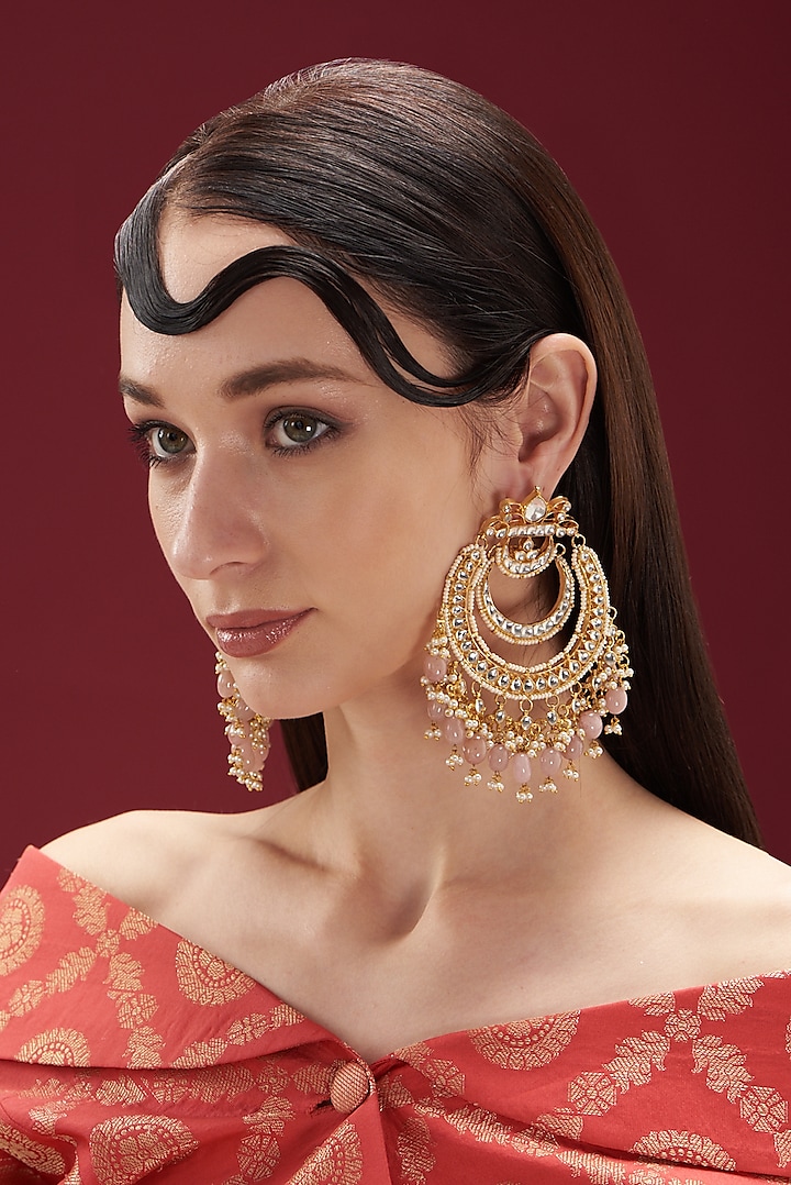 Gold Plated Kundan Polki Chandbali Earrings by Shlok Jewels