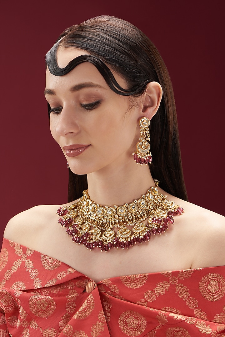 Gold Plated Kundan Polki Necklace Set by Shlok Jewels at Pernia's Pop Up Shop