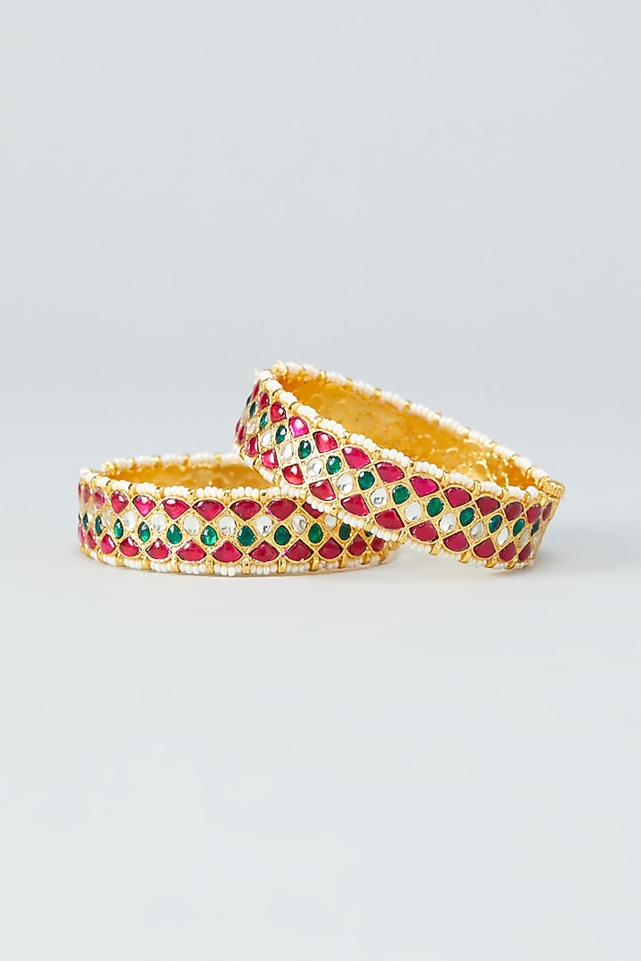 Gold Plated Kundan Pink Bangles (Set of 2) by Shlok Jewels at Pernia's Pop Up Shop