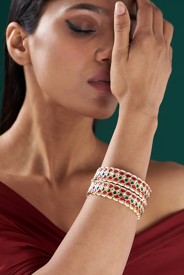 Gold Plated Kundan Pink Bangles (Set of 2) by Shlok Jewels at Pernia's Pop Up Shop