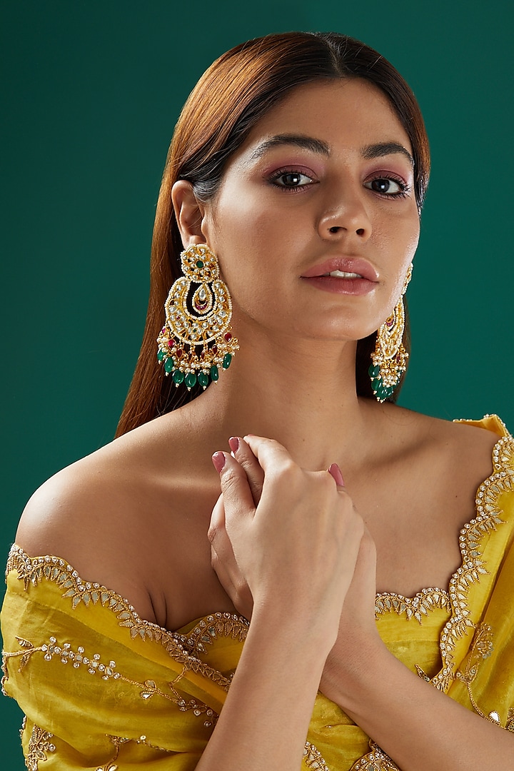 Gold Plated Kundan Chandbali Earrings by Shlok Jewels