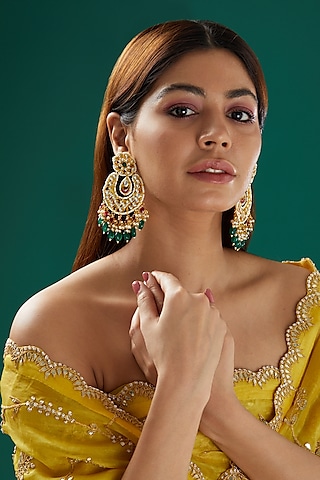 Gold Plated Kundan Chandbali Earrings by Shlok Jewels
