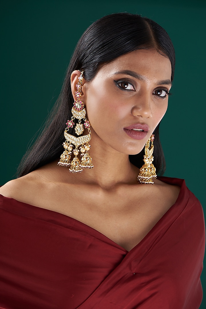 Gold Plated Dangler Earrings With Semi-Precious Stones by Shlok Jewels