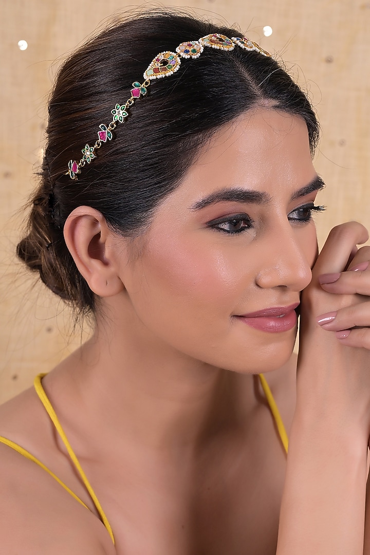 Gold Plated Jadau Kundan Polki Headband by Shlok Jewels at Pernia's Pop Up Shop