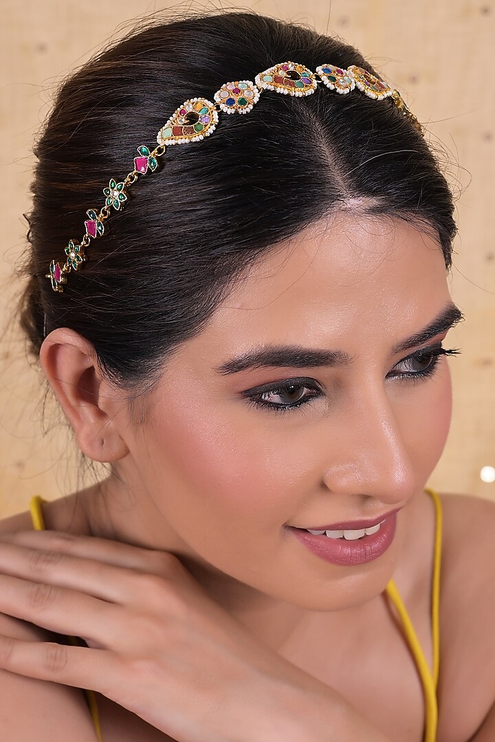 Gold Plated Jadau Kundan Polki Headband by Shlok Jewels at Pernia's Pop Up Shop