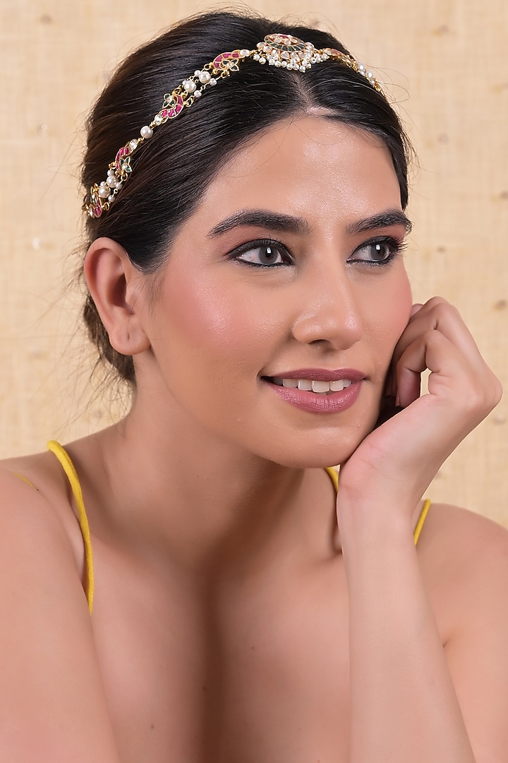 Gold Plated Jadau Kundan Polki Headband by Shlok Jewels at Pernia's Pop Up Shop