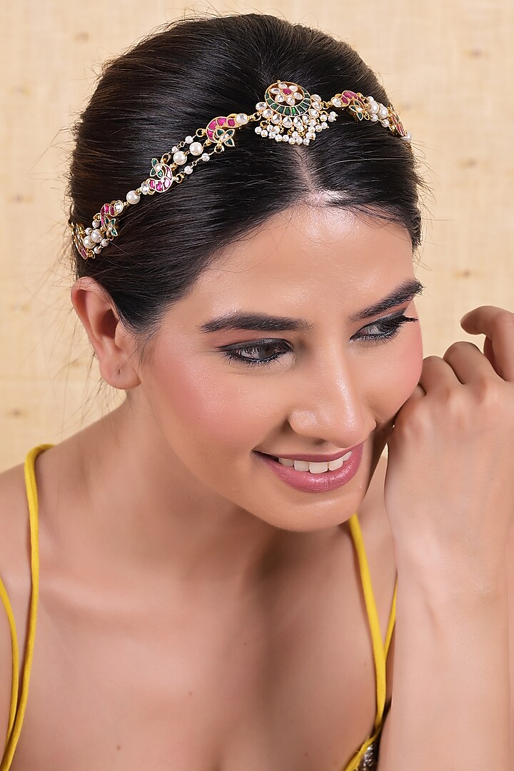 Gold Plated Jadau Kundan Polki Headband by Shlok Jewels at Pernia's Pop Up Shop