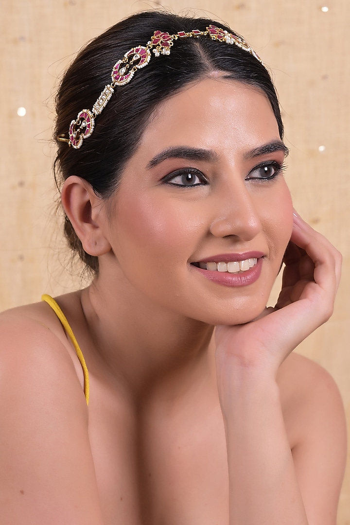 Gold Plated Pink Jadau Kundan Polki Headband by Shlok Jewels at Pernia's Pop Up Shop
