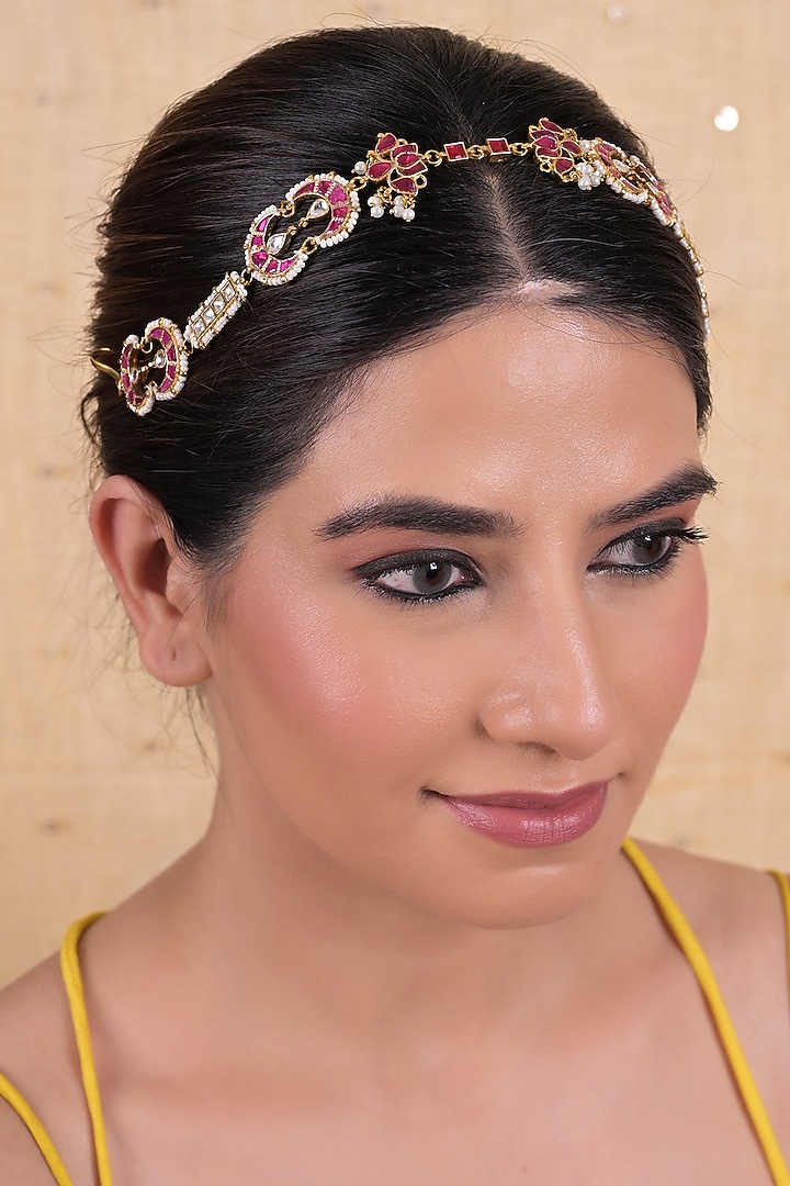 Gold Plated Pink Jadau Kundan Polki Headband by Shlok Jewels at Pernia's Pop Up Shop