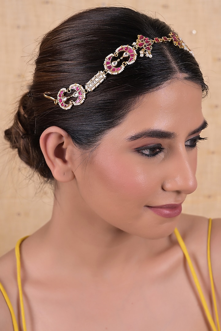 Gold Plated Pink Jadau Kundan Polki Headband by Shlok Jewels at Pernia's Pop Up Shop