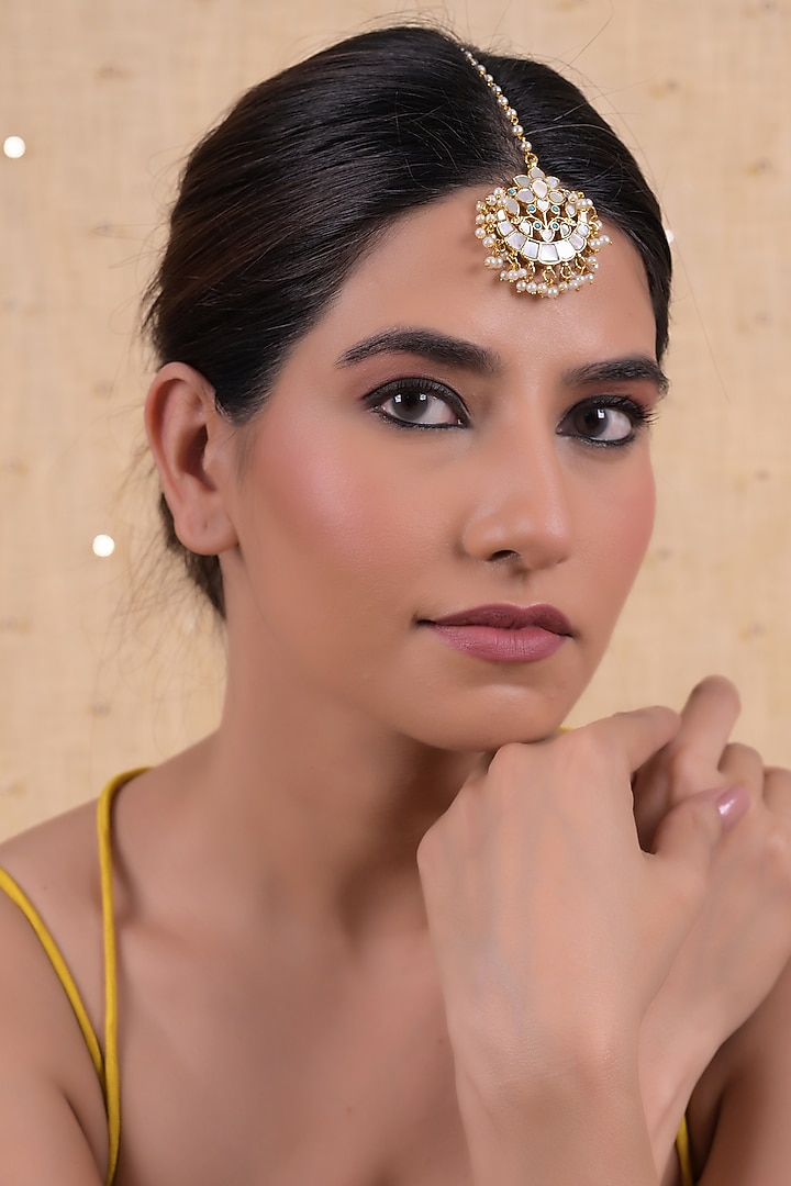 Gold Plated Mother Of Pearl Maangtikka by Shlok Jewels at Pernia's Pop Up Shop