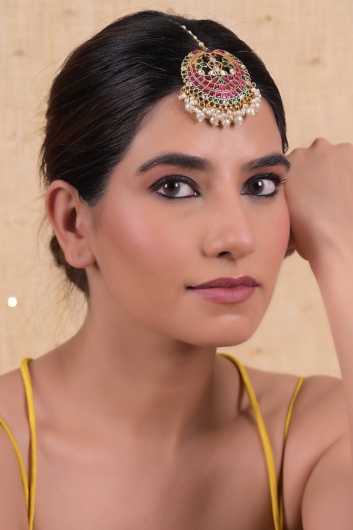 Gold Plated Multi-Colored Jadau Kundan Polki Maangtikka by Shlok Jewels at Pernia's Pop Up Shop