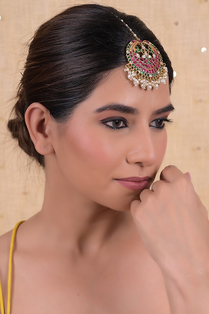 Gold Plated Multi-Colored Jadau Kundan Polki Maangtikka by Shlok Jewels at Pernia's Pop Up Shop