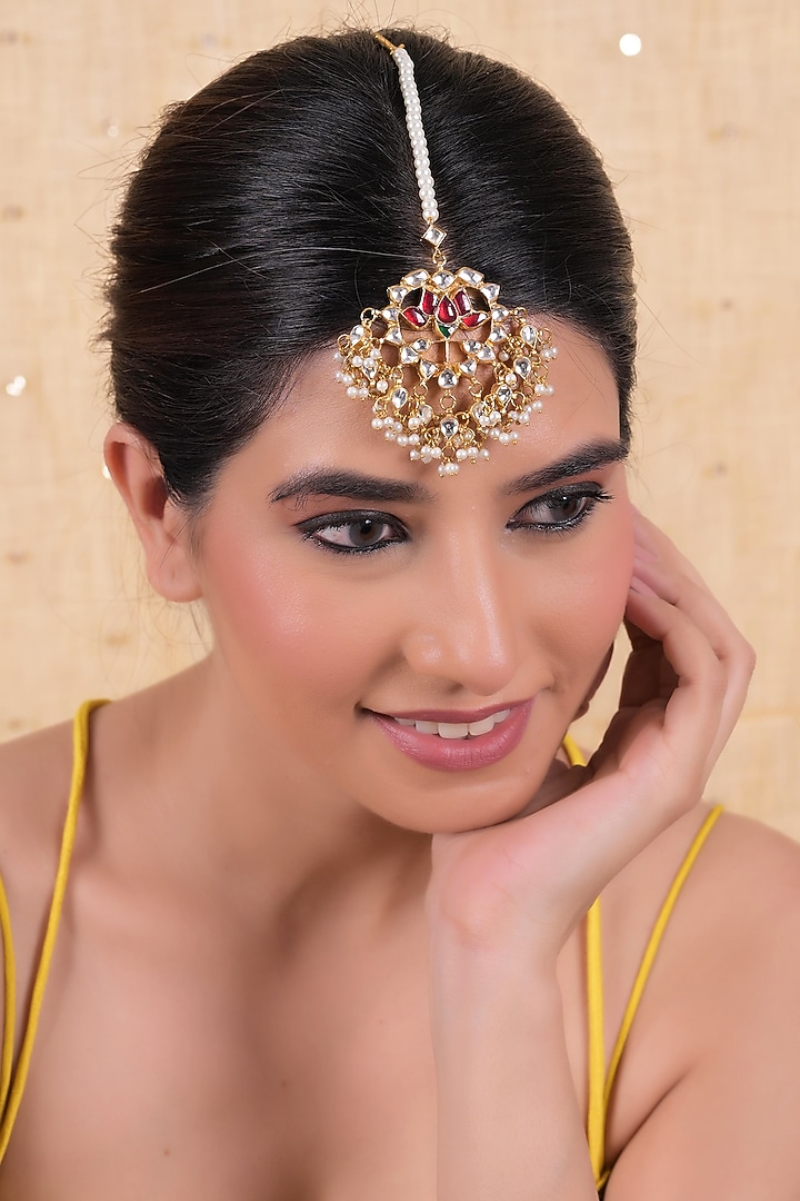 Gold Plated Multi-Colored Jadau Kundan Polki Maangtikka by Shlok Jewels at Pernia's Pop Up Shop