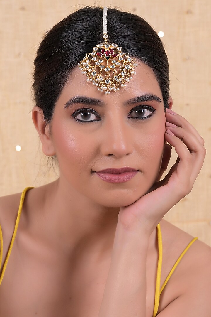 Gold Plated Multi-Colored Jadau Kundan Polki Maangtikka by Shlok Jewels at Pernia's Pop Up Shop