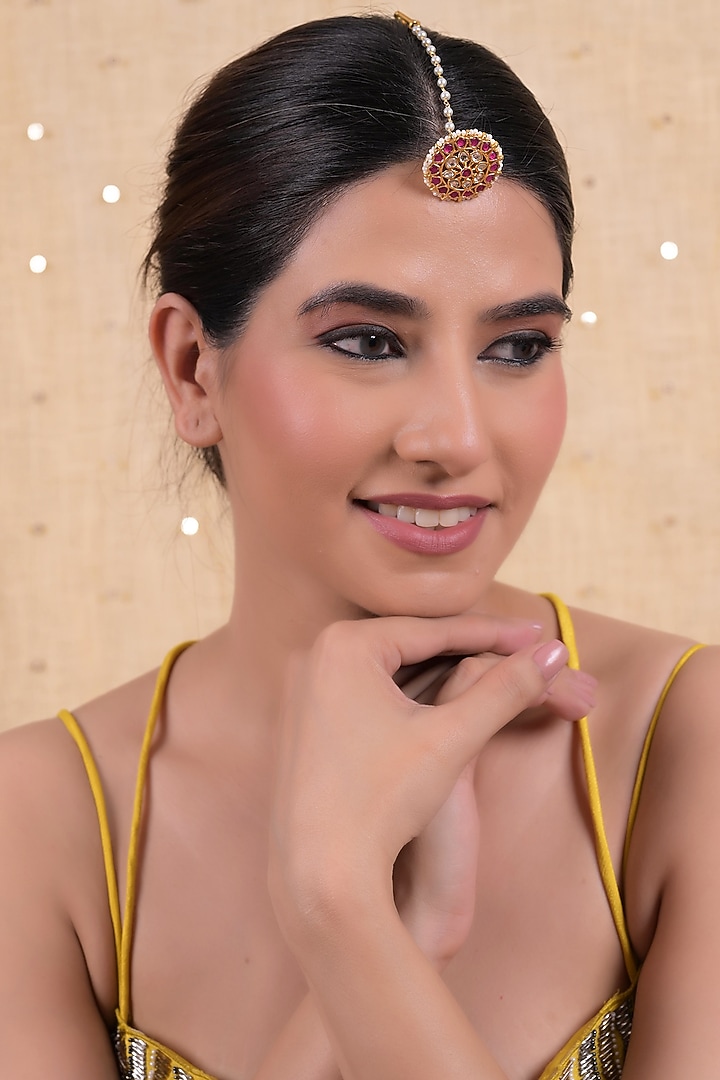 Gold Plated Pink Jadau Kundan Polki Maangtikka by Shlok Jewels at Pernia's Pop Up Shop