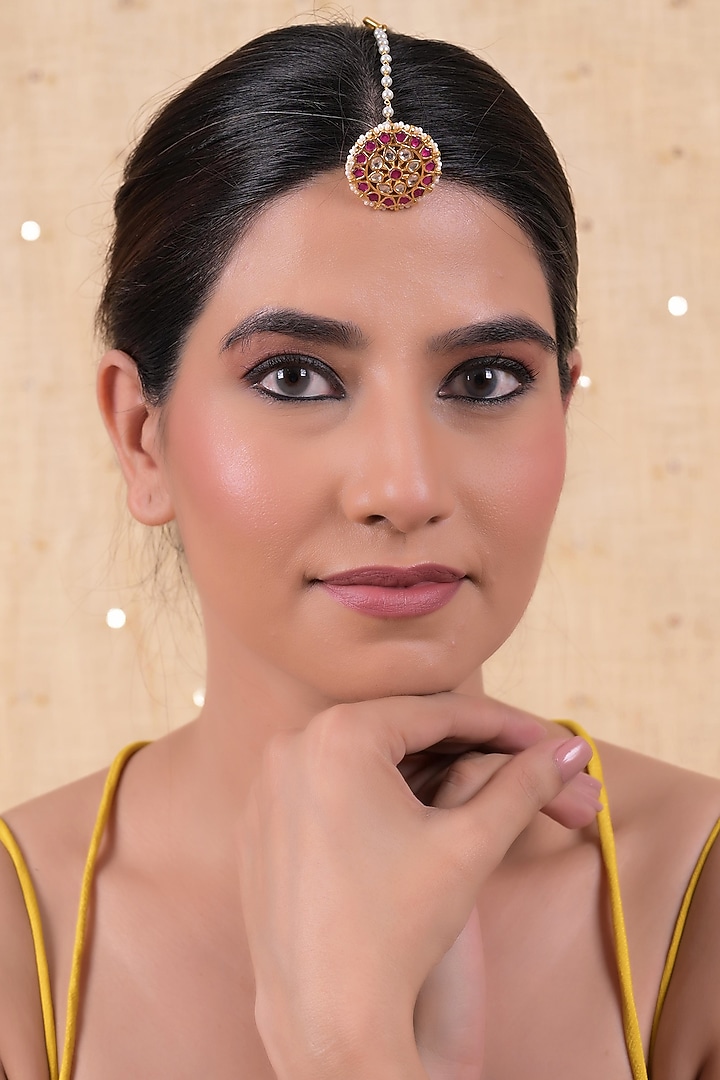 Gold Plated Pink Jadau Kundan Polki Maangtikka by Shlok Jewels at Pernia's Pop Up Shop