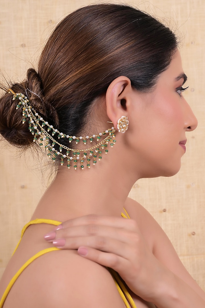 Gold Plated Green Jadau Kundan Polki Earchains by Shlok Jewels at Pernia's Pop Up Shop